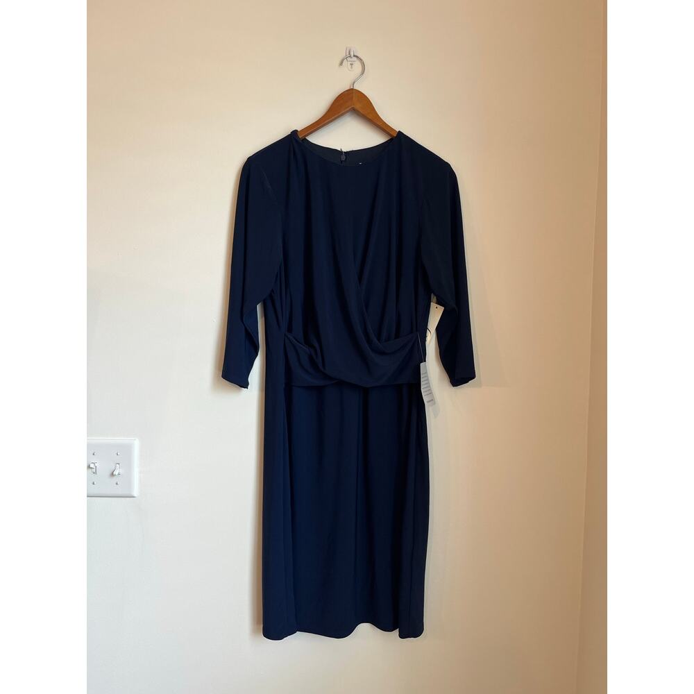 Eliza‎ J Round Neck Faux Wrap Sheath Dress Women’s Navy Blue Size 14W NWT